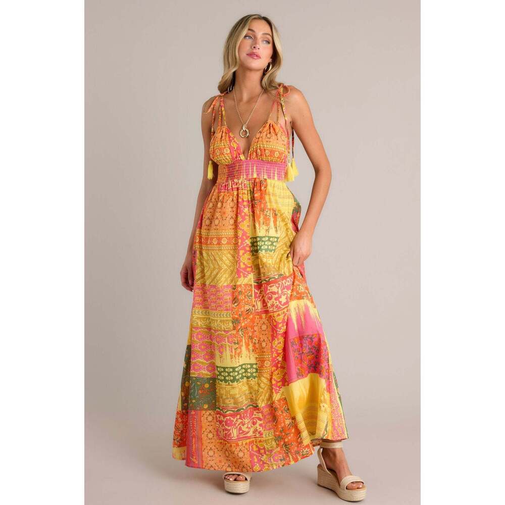Red Dress Patchwork Paradise 100% Cotton Orange Multi Maxi Dress Size SS / Orang